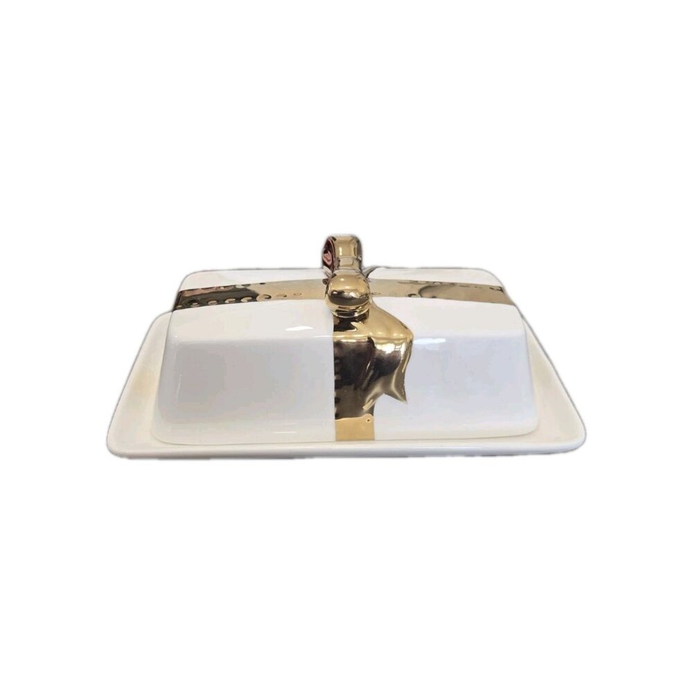 New White & Gold Porcelain Holiday Christmas Present W/ Bow Kitchen Butter Dish - Picture 3 of 5